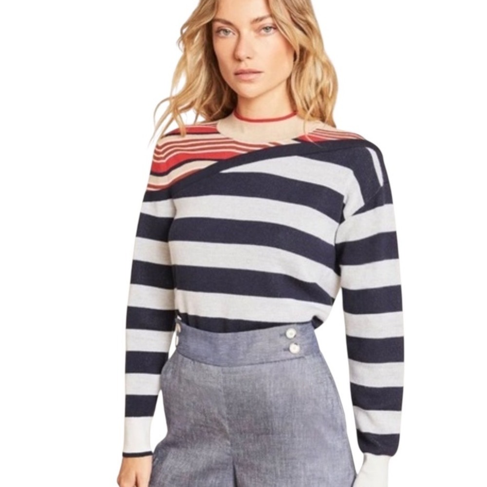 Veronica Beard Sheradin Striped Merino Wool Blend Knit Sweater Size L EUC